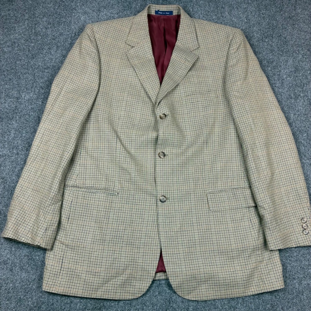 Alan Flusser Mens 44L Sport Coat Silk Worsted Wool Houndstooth Blazer Tan Blue